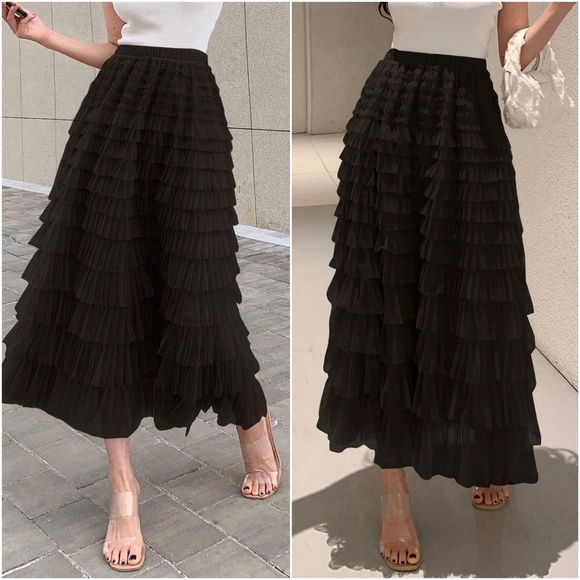 Luxe Mesh Layered Evening Flowy Maxi Skirt - Picture 1 of 8
